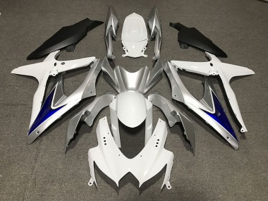 Blanc Brillant Avec Argent & Bleu Noir Mat Inférieur 08-10 Suzuki GSXR 600-750 Carénage Moto