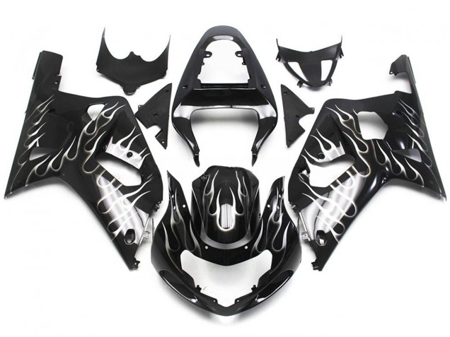 Noir & Blanc Brillant Flamme 01-03 Suzuki GSXR 600-750 Carénage Moto