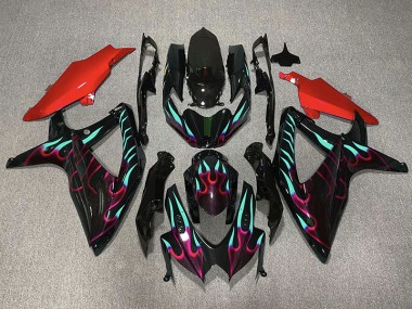 Rouge & Cyan Flamme 08-10 Suzuki GSXR 600-750 Carénage Moto